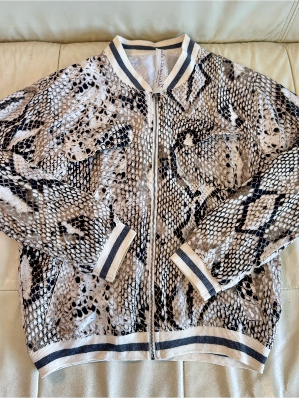 Laila & Savannah Neutral Snake-Print Bomber Jacket in Black, White & Tan